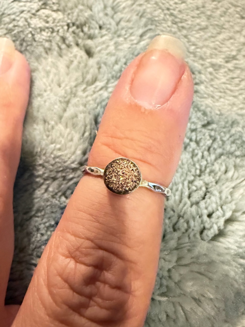 Vintage Hammered Sterling Silver 925 Bronze Sparkle Druzy Ring Round Stone SZ 6